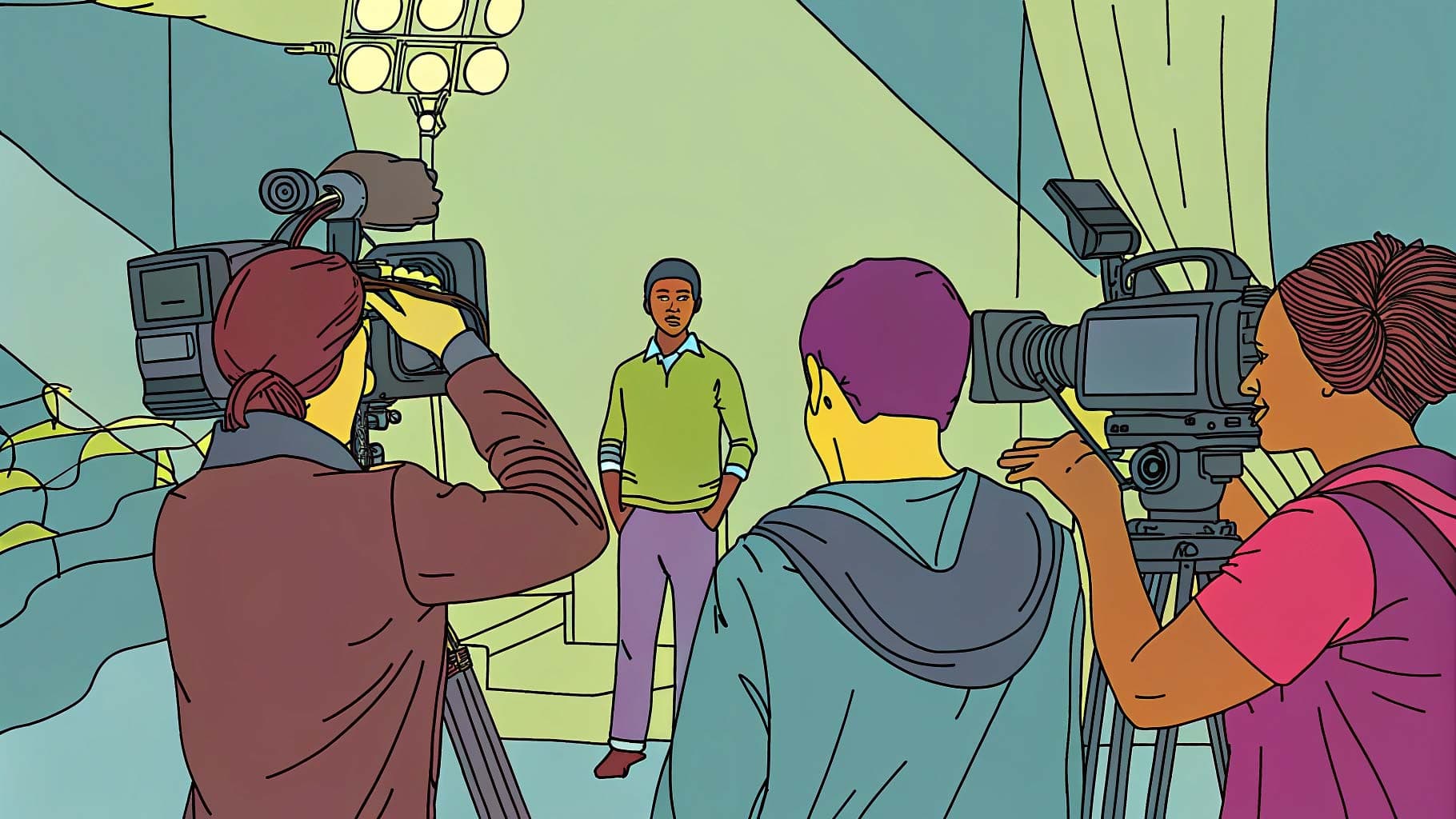 Traditional video production: team shooting with cameras and studio lights